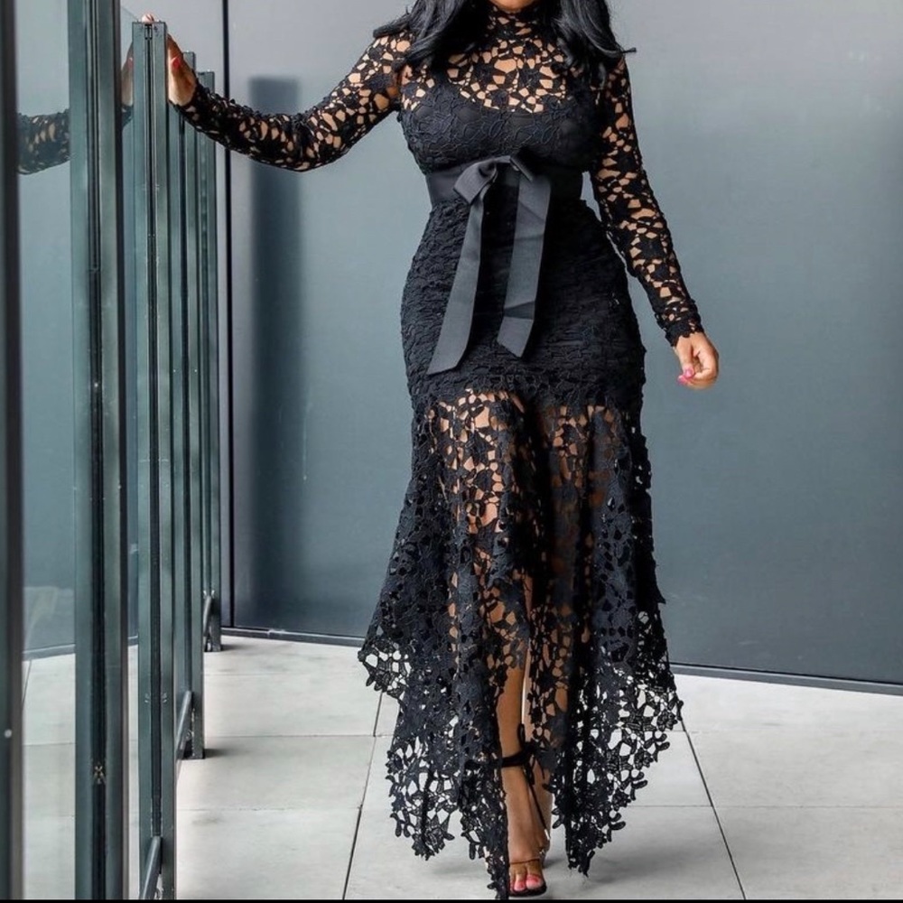 Black Mock Neck, Crochet, Maxi/High-Low Dress